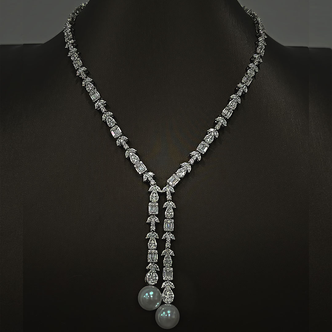 Multi-cut Pearl&White Sapphire Lariat Necklace