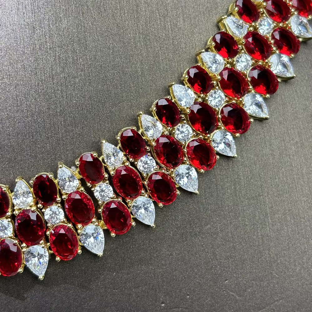 Cascading Ruby & Diamond Cluster Necklace-Earring Set