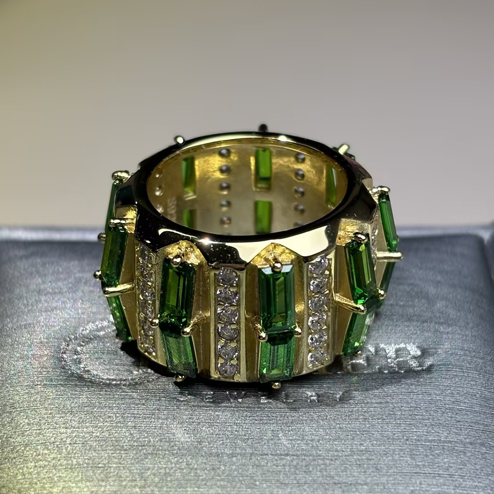 Baguette Emerald & White Sapphire Wide Band Statement Men's Ring