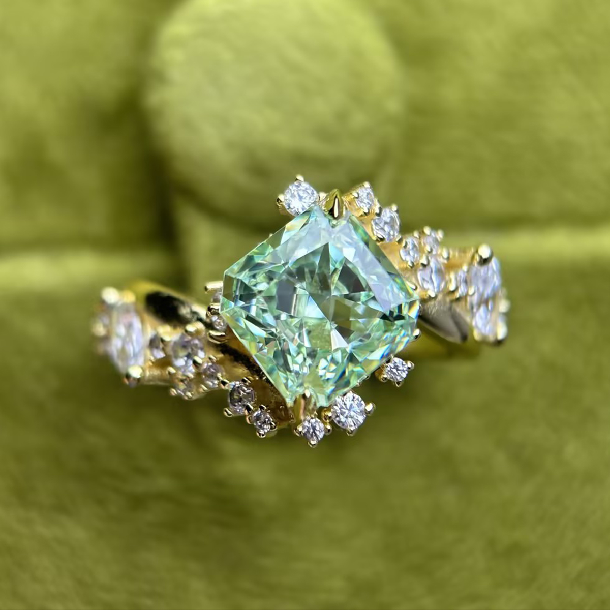 3ct Cushion Cut Mint Green Sapphire & White Sapphire Asymmetrical Cluster Ring