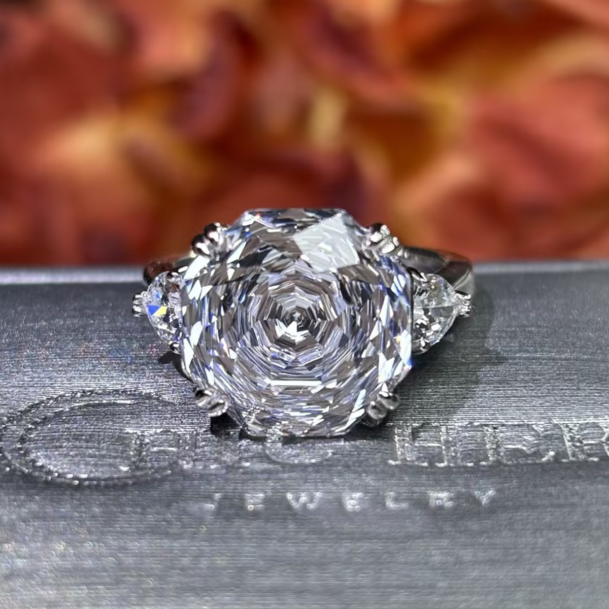 5ct Octagonal Cut White Sapphire Three-Stone Engagement Ring