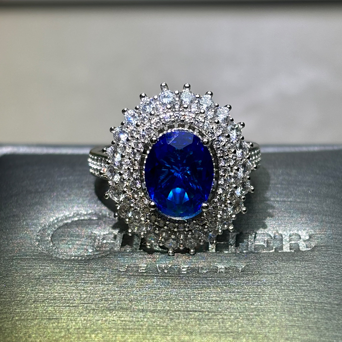 6 Color Options Oval Cut Blue Sapphire Double Halo Ring