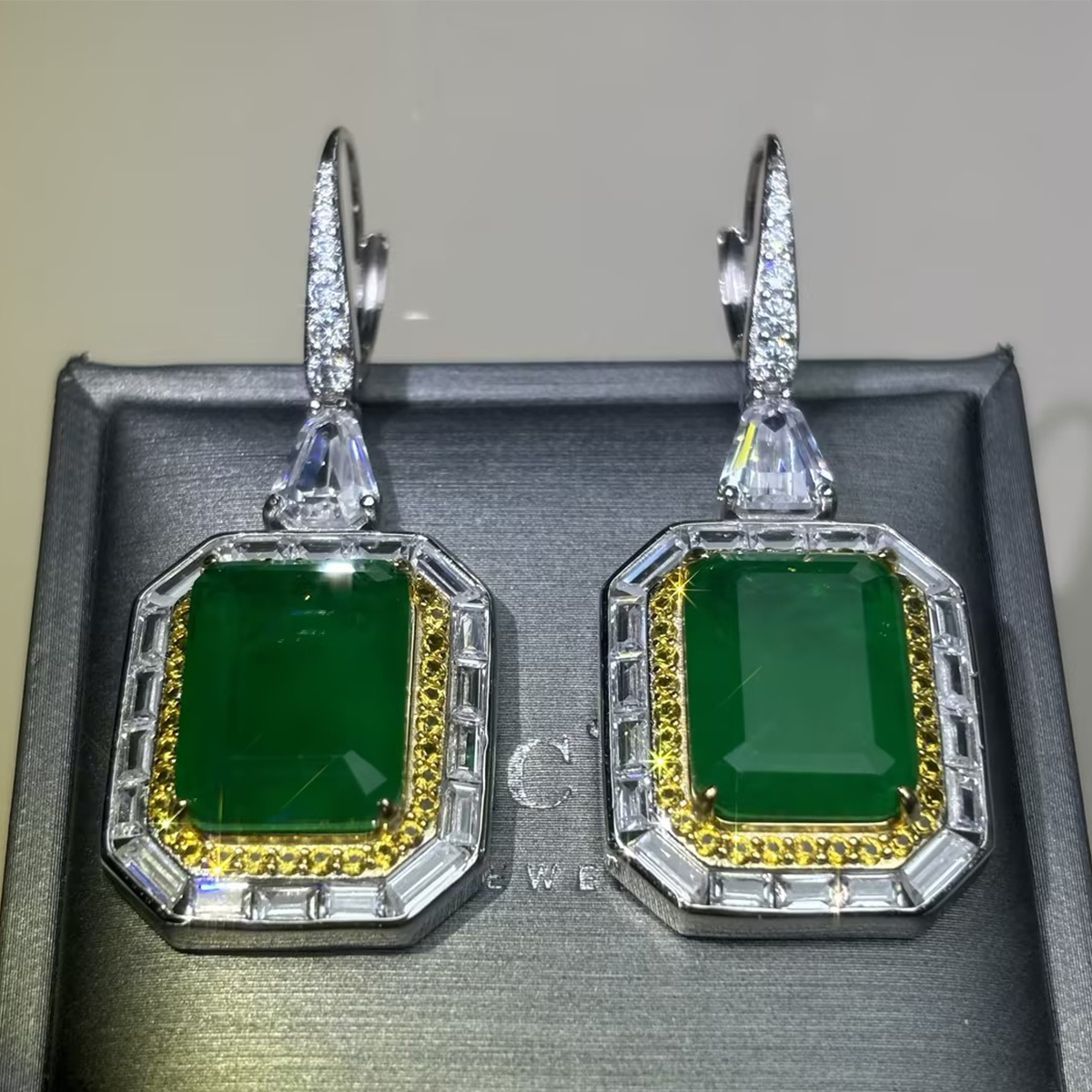 Emerald Cut Halo Peridot Drop Earrings