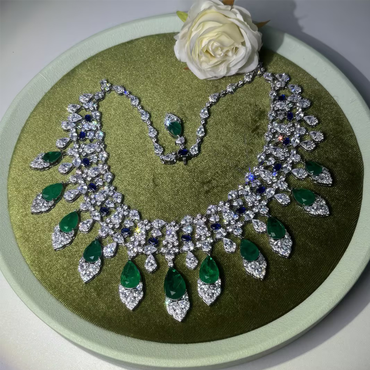 Emerald, Sapphire & White Sapphire Royal Fringe Choker Necklace