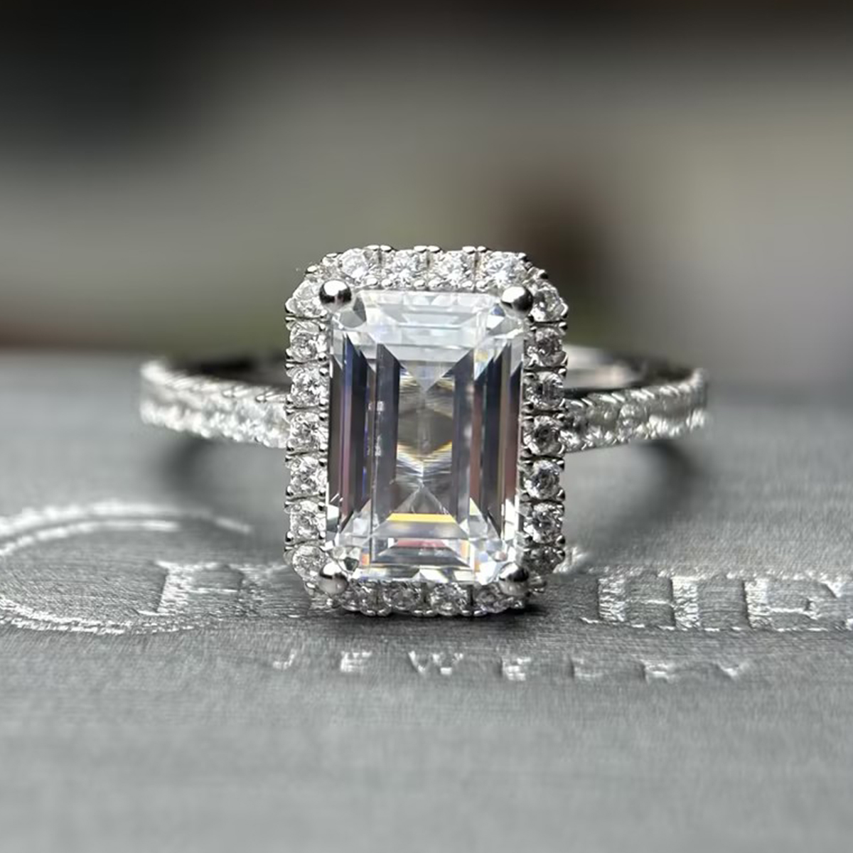 3ct Emerald Cut White Sapphire Halo Ring
