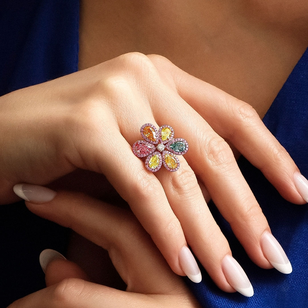 6.75ct Flower Design Pear Cut Rainbow Sapphire Cocktail Ring