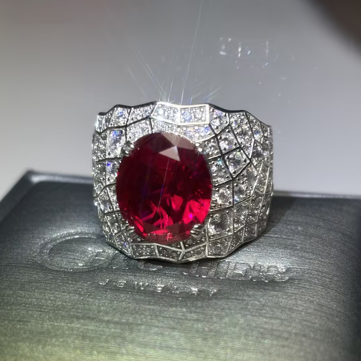 Luxe Grid Pattern Ruby Oval Cut & Pave Diamond Accents Cocktail Ring