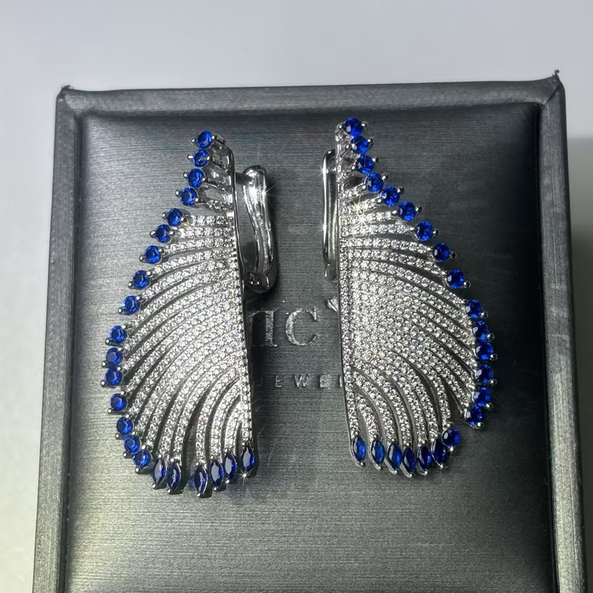 Feather Motif Pave Blue Sapphire & White Sapphire Drop Earrings