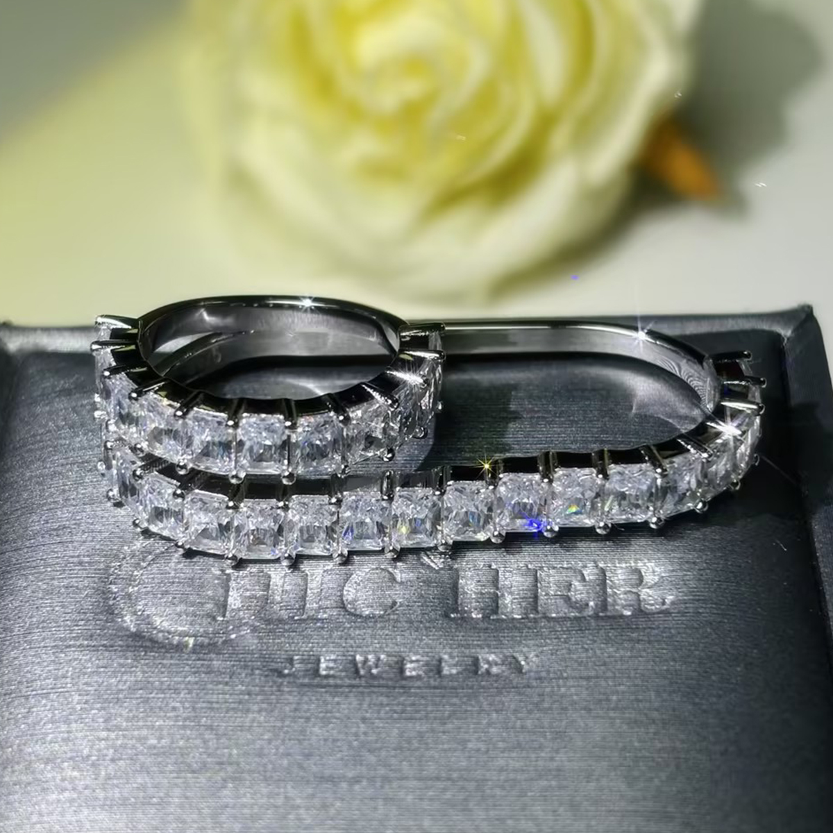 8ctw Emerald Cut White Sapphire Double Wave Stacking Wedding Band