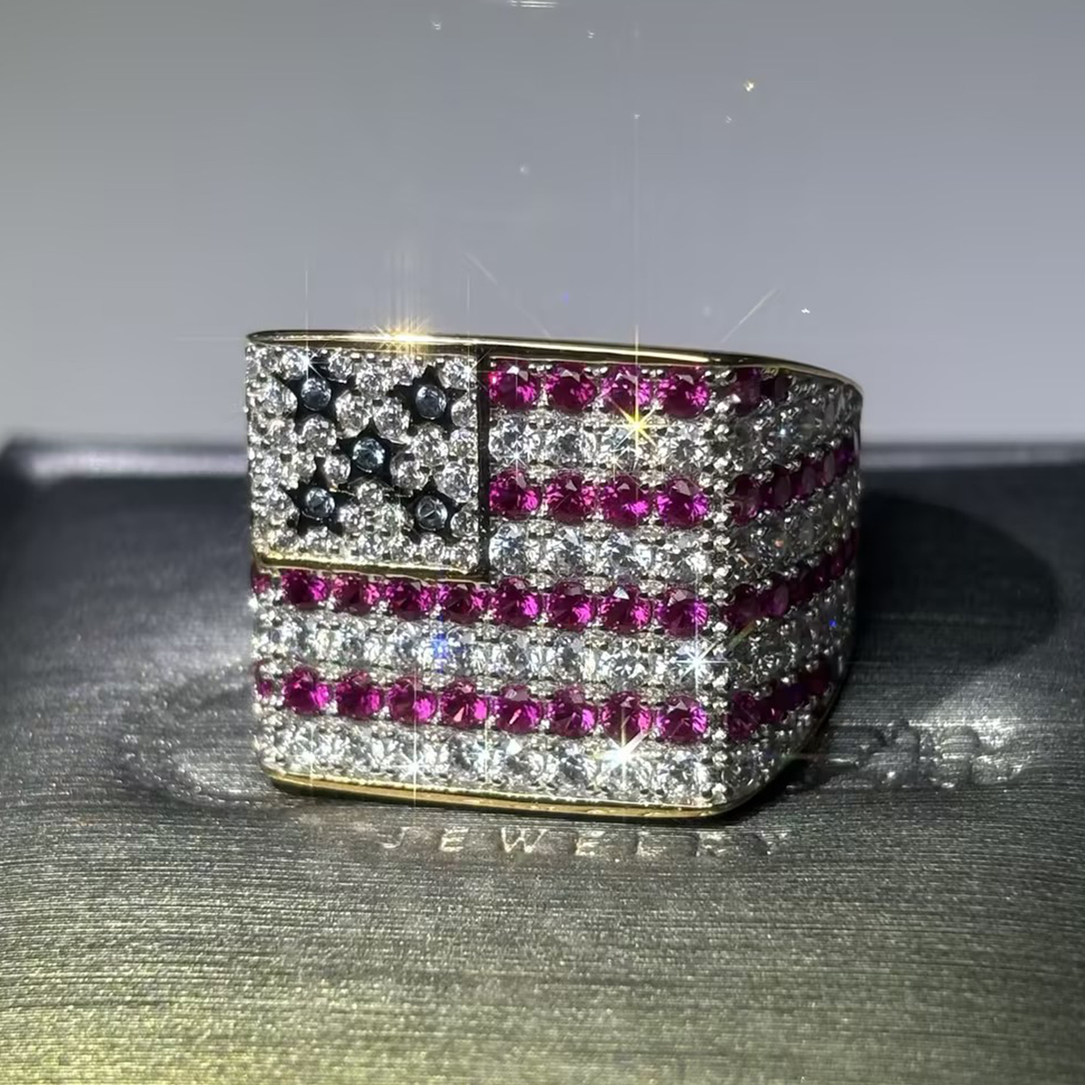 American Flag Motif White Sapphire Statement Band for Men/Women