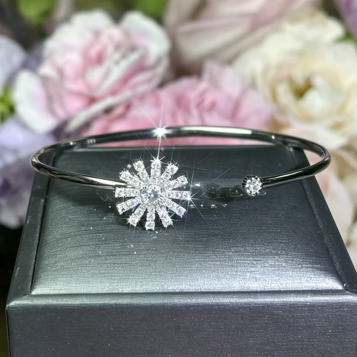 Pavé White Sapphire Starburst Open Cuff Bangle Bracelet (Sold Individually)