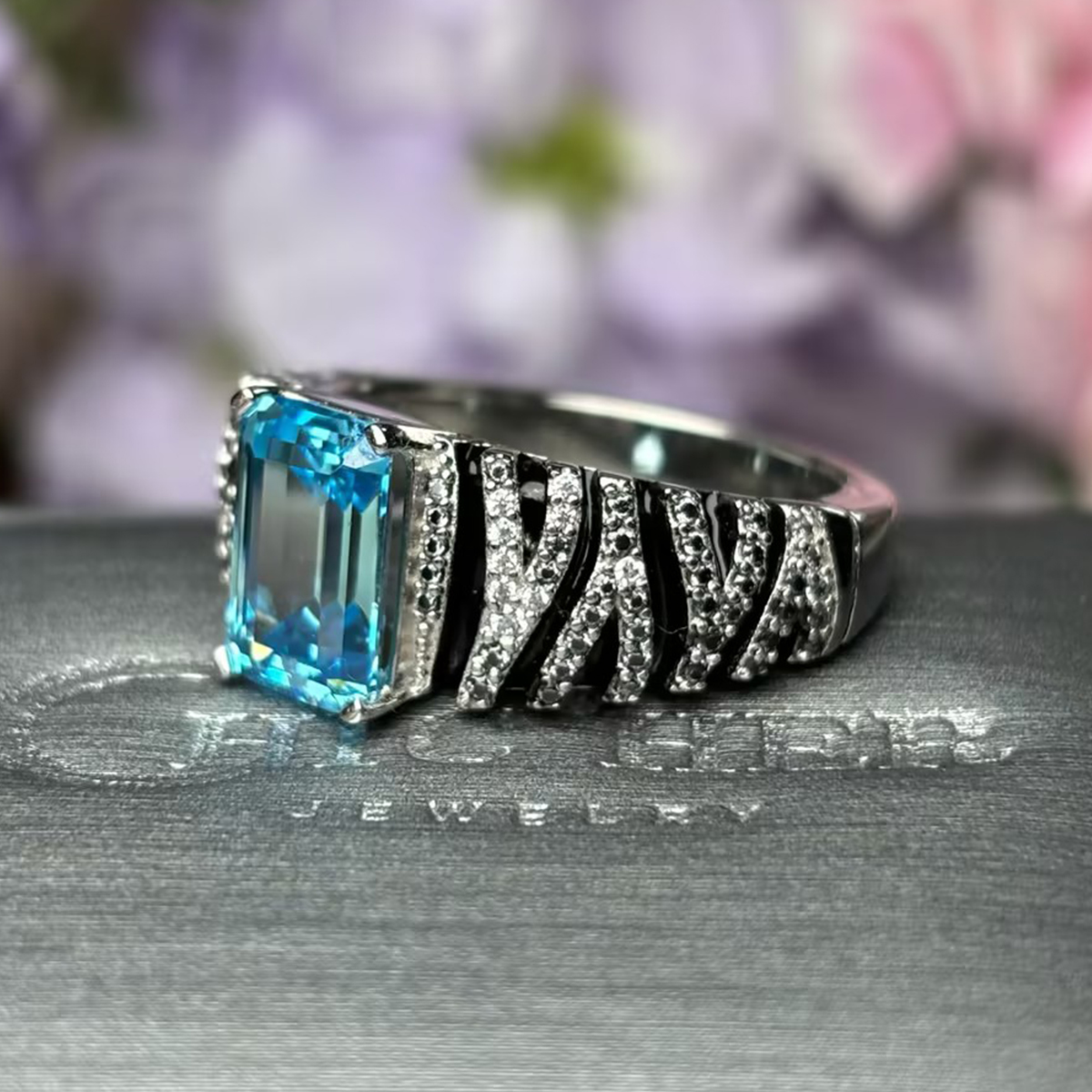 Two-Tone Emerald Cut Aquamarine Engagement Ring
