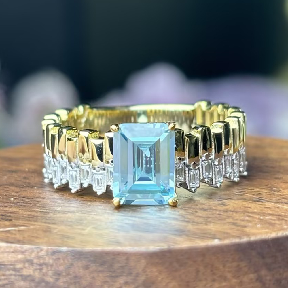Original Design - 3ct Emerald Cut Aquamarine Sapphire Engagement Ring