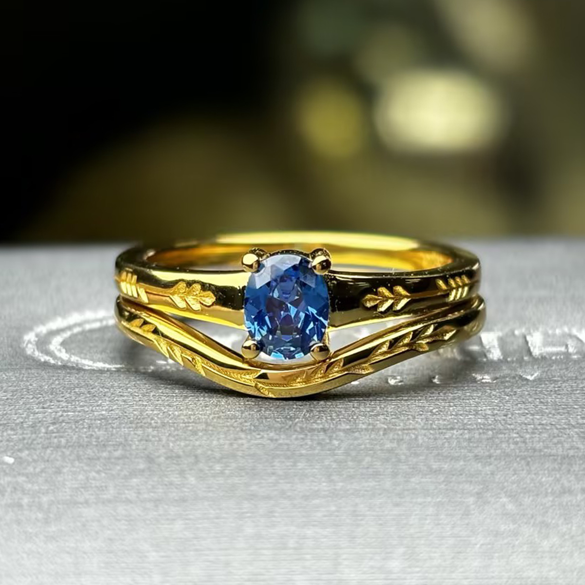 London Blue Sapphire & Scrollwork Oval Cut Wedding Ring Set