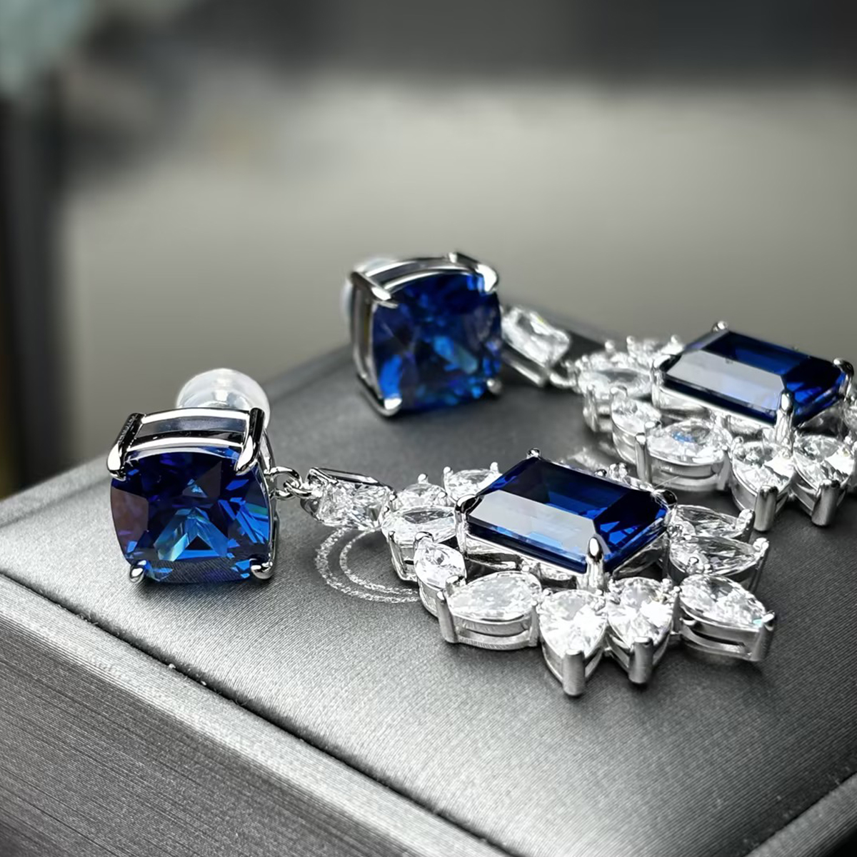 Original Design - Fashion Blue & White Sapphire Dangle Earrings