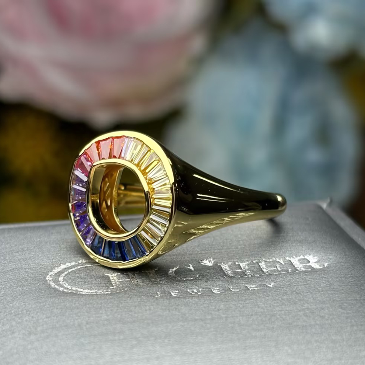 2.75ct Tapered Baguette Cut Rainbow Sapphire Sphere Ring