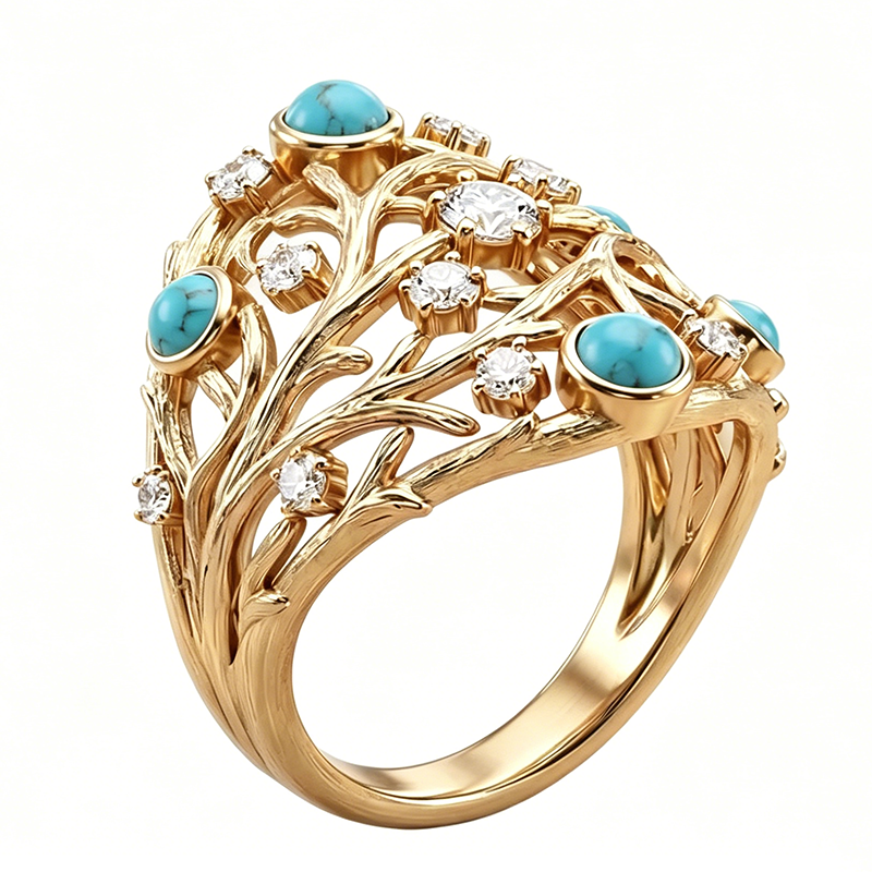 Art Deco 3.5ctw Round Cut Turquoise & White Sapphire Nature Inspired Band
