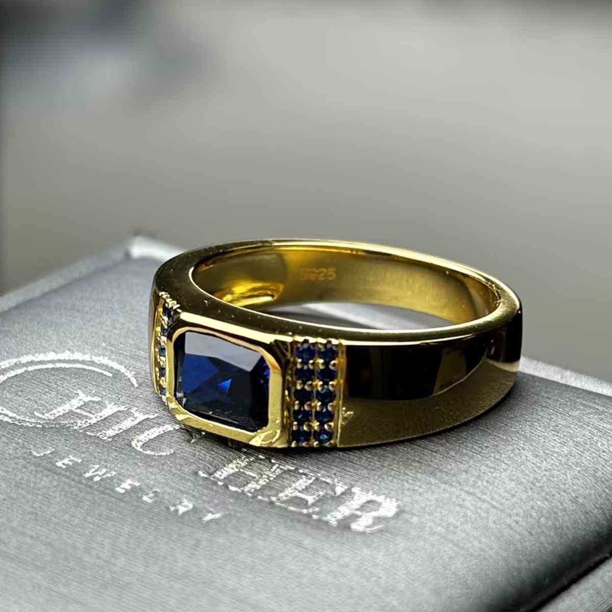 2ct Radiant Cut Blue Sapphire Men's Ring