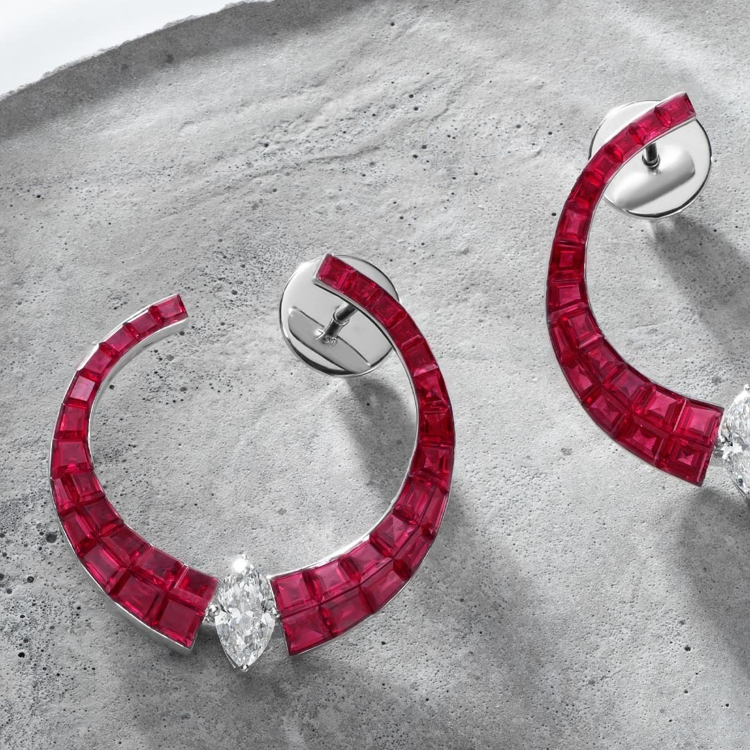Marquise&Baguette Cut Ruby&White Sapphire Hoop Earrings