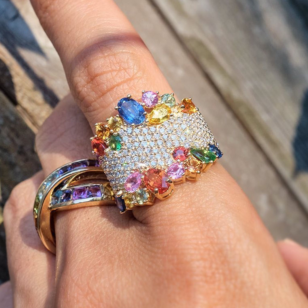 9.55ct Multi-cut Rainbow Sapphire&Diamond Cocktail Ring