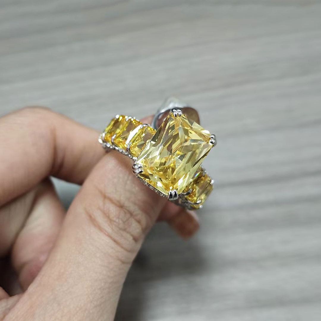 6ct Under Halo Emerald Cut Yellow Sapphire Ring