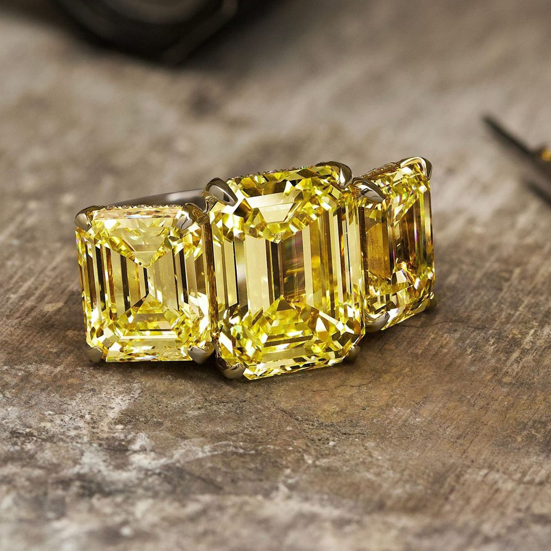 7ct Three Stone Emerald Cut Yellow Sapphire Engagement Ring