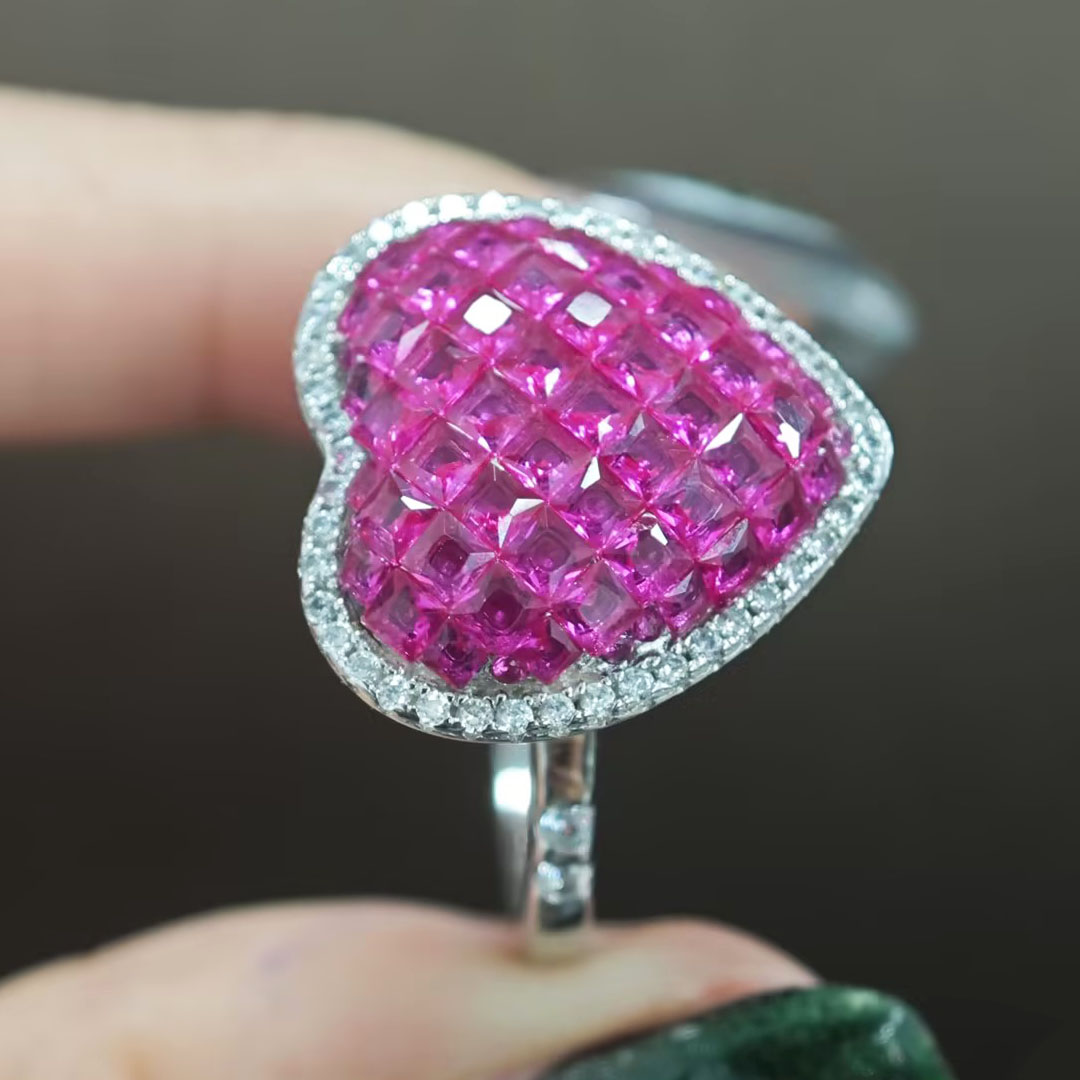 Invisible Setting Princess Cut Ruby Sapphire Love Heart Ring
