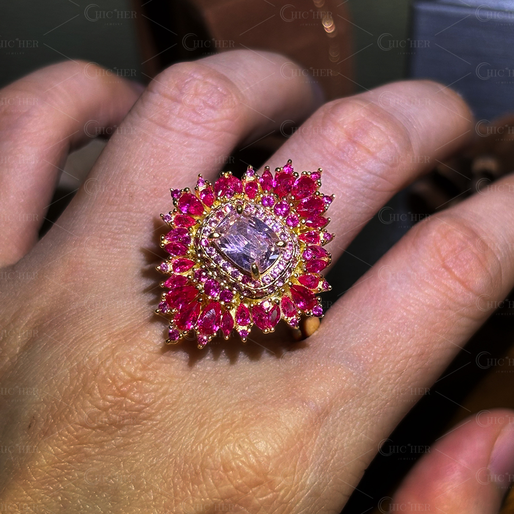 Ruby Halo 2ct Cushion Cut Pink Sapphire Cocktail Ring