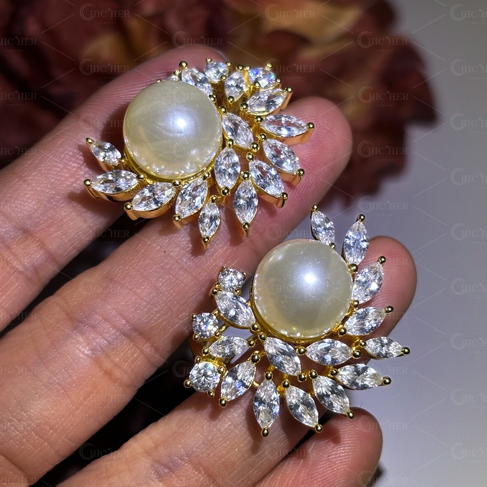 Art Deco Gold Pearl&Diamond Stud Earrings