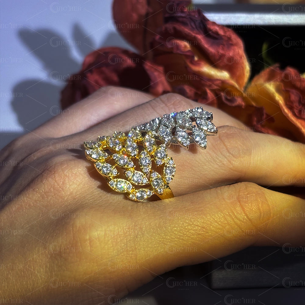 Two Tone Leaves 1.8ct Round Cut White Sapphire Cocktail Ring