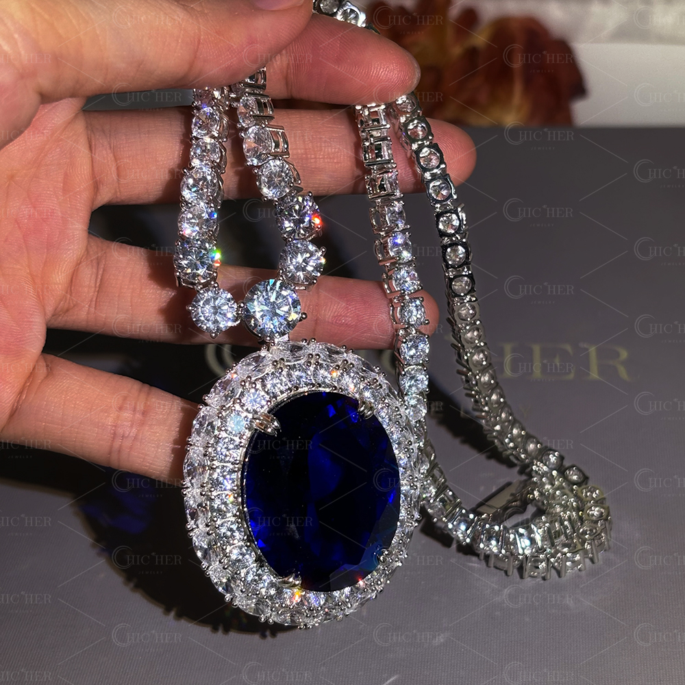 Oval Cut Blue Sapphire Pendant Necklace 