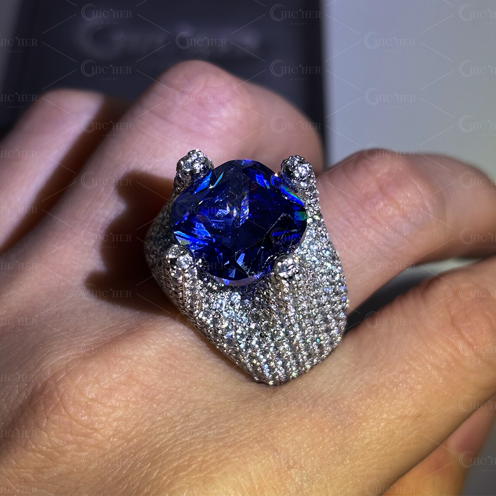 7ct Paved Setting Cushion Cut Blue Sapphire Cocktail Ring
