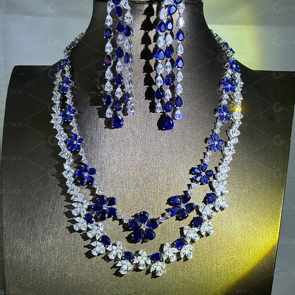 Floral Design Blue Sapphire Necklace&Earrings/2pcs