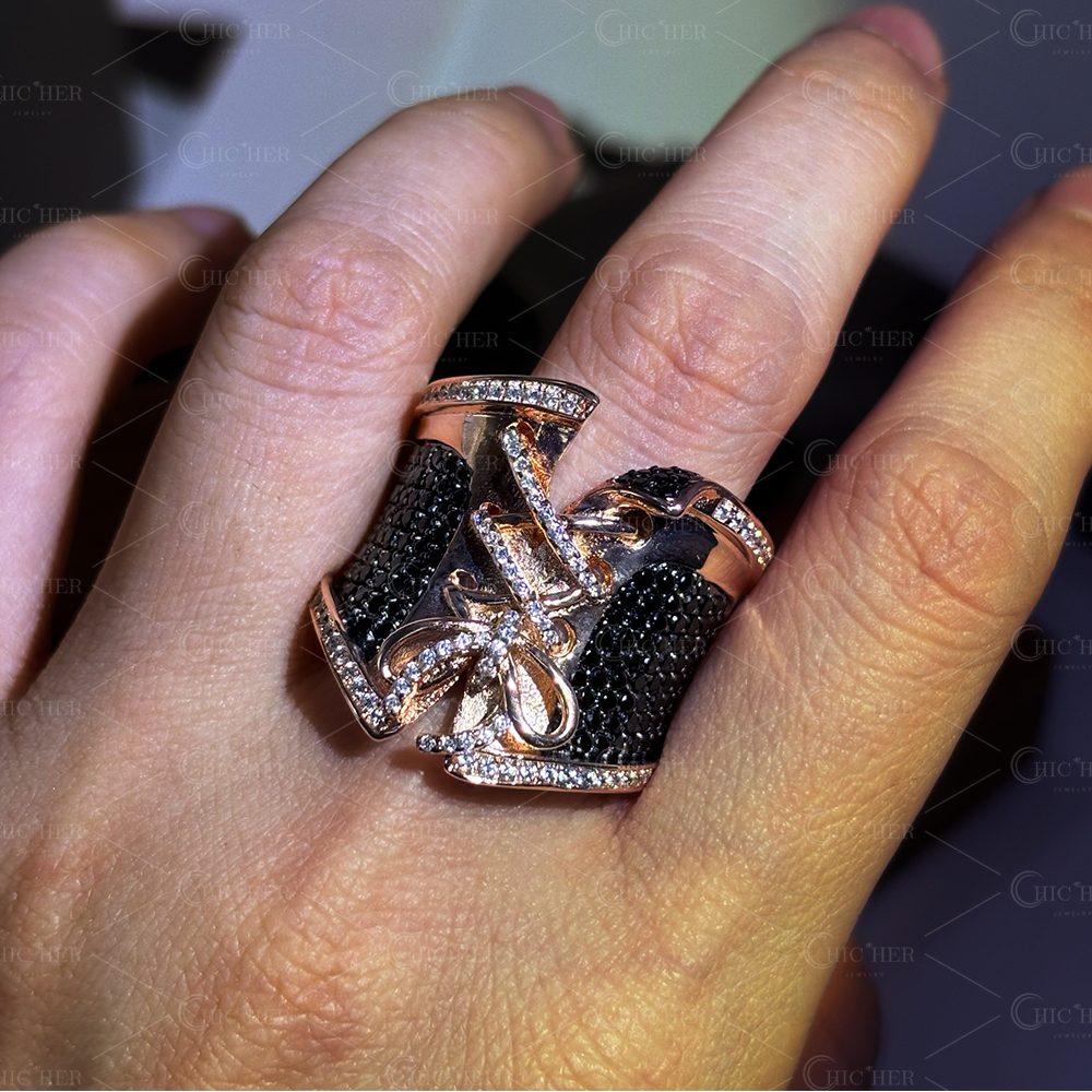 Bustier Design 2.95ct Black&White Sapphire Pave Cocktail Ring