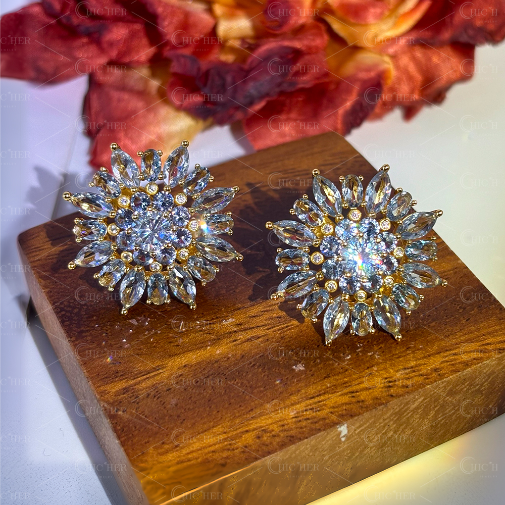 Sun Flower Aquamarine Sapphire Stud Earrings