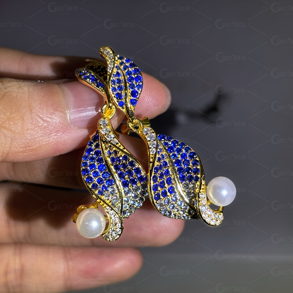 Leaf Design White Pearl&Gradient Sapphire Earrings&Ring Jewelry Set