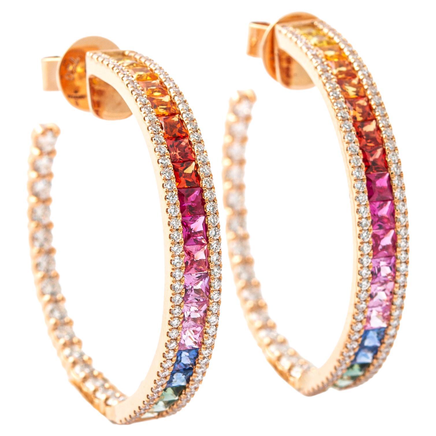 Princess Cut Rainbow Sapphire Hoop Earrings