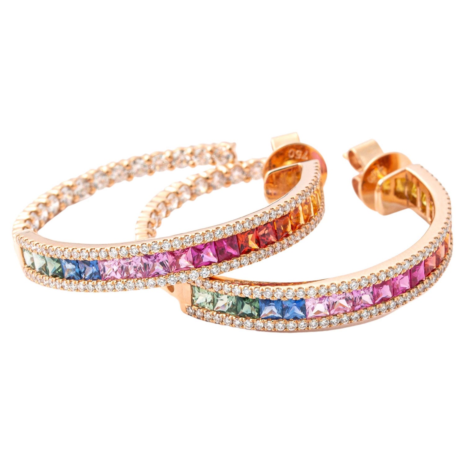 Princess Cut Rainbow Sapphire Hoop Earrings