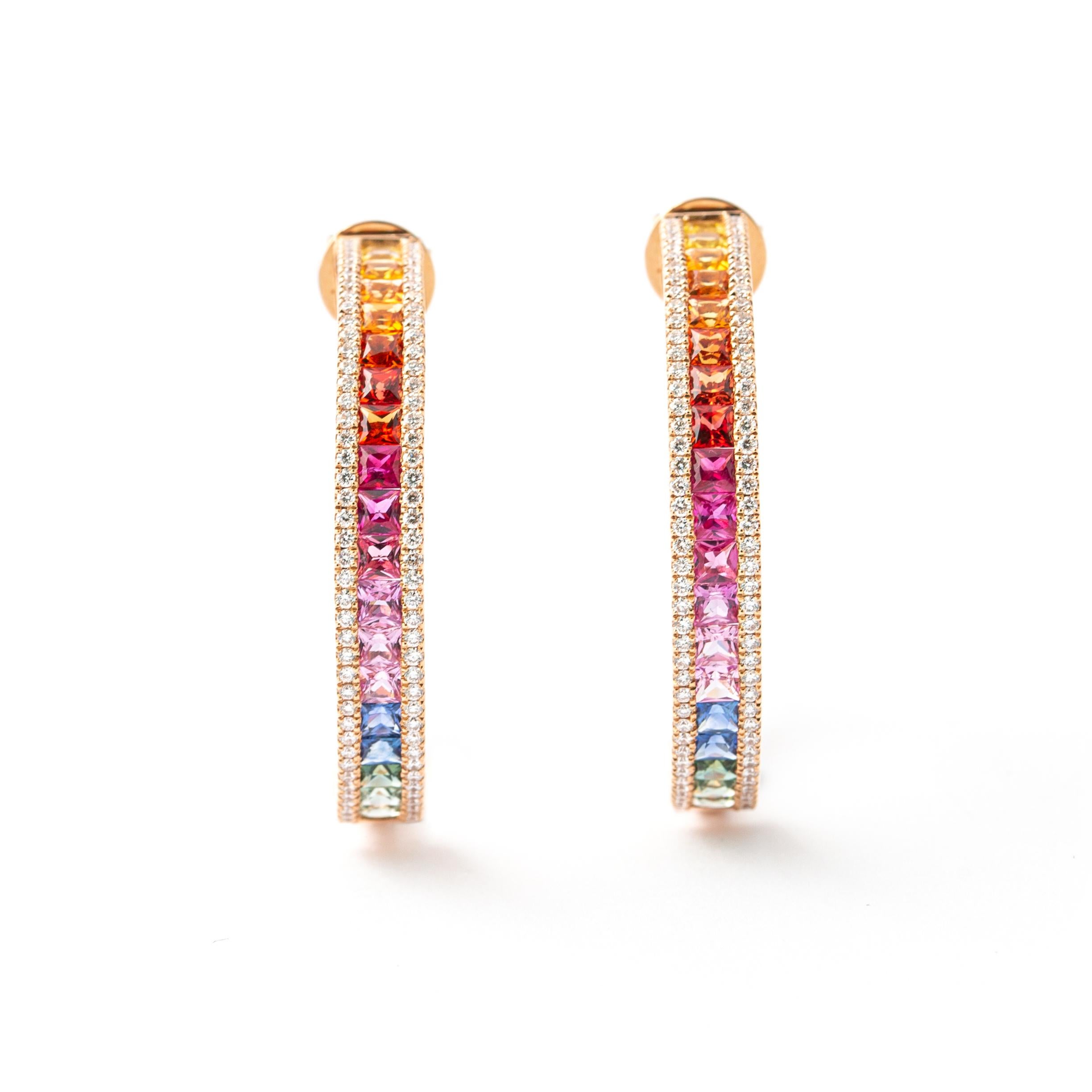 Princess Cut Rainbow Sapphire Hoop Earrings