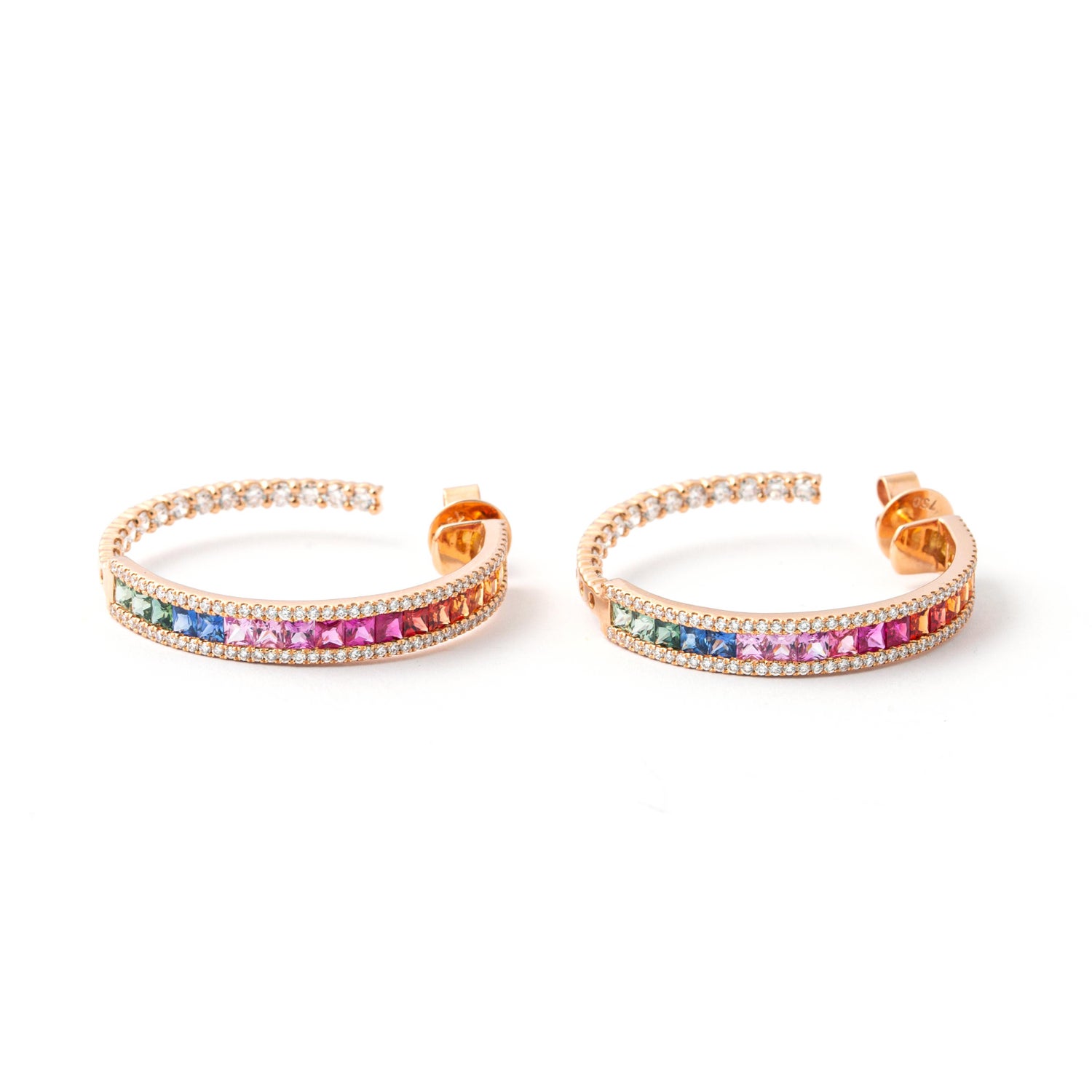Princess Cut Rainbow Sapphire Hoop Earrings