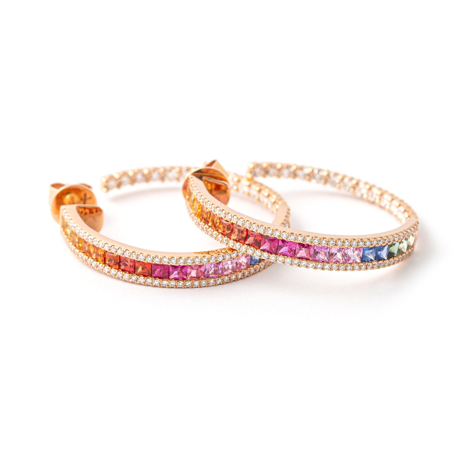 Princess Cut Rainbow Sapphire Hoop Earrings