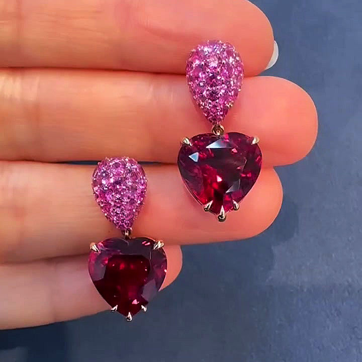Heart Cut Ruby Sapphire Drop Earrings