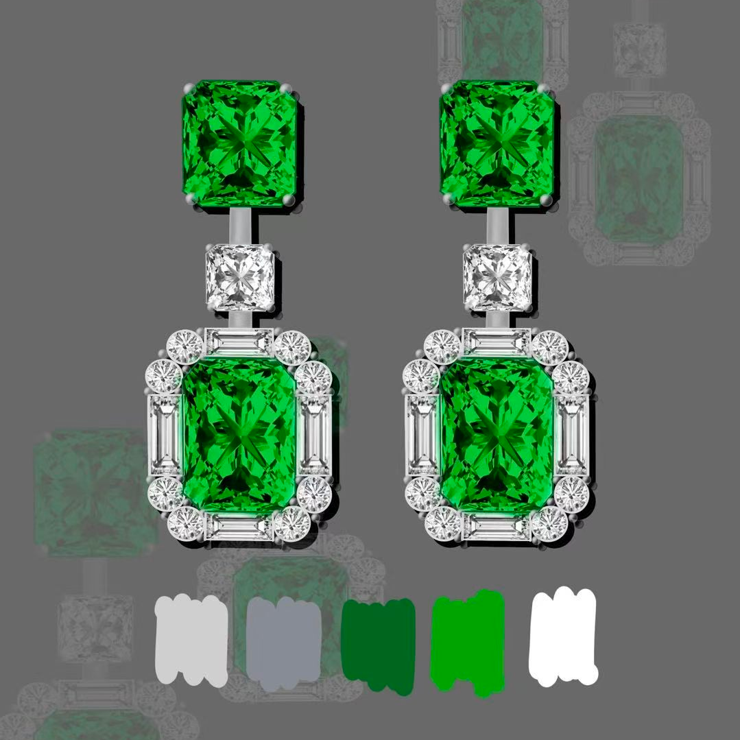 Original Design - Radiant Cut Emerald Sapphire Dangle Earrings
