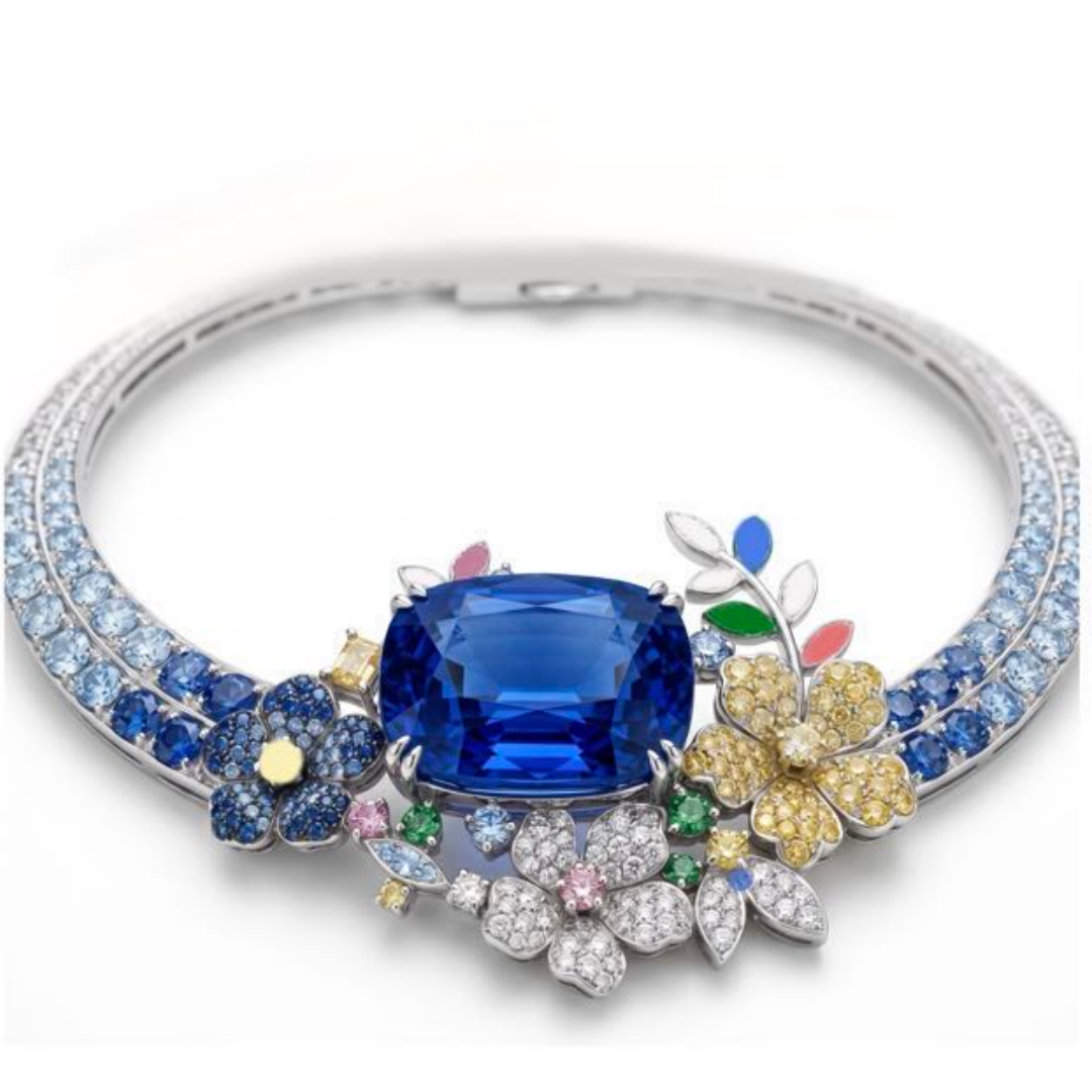 Original Design - Cushion Cut Blue Sapphire Flowers Necklace