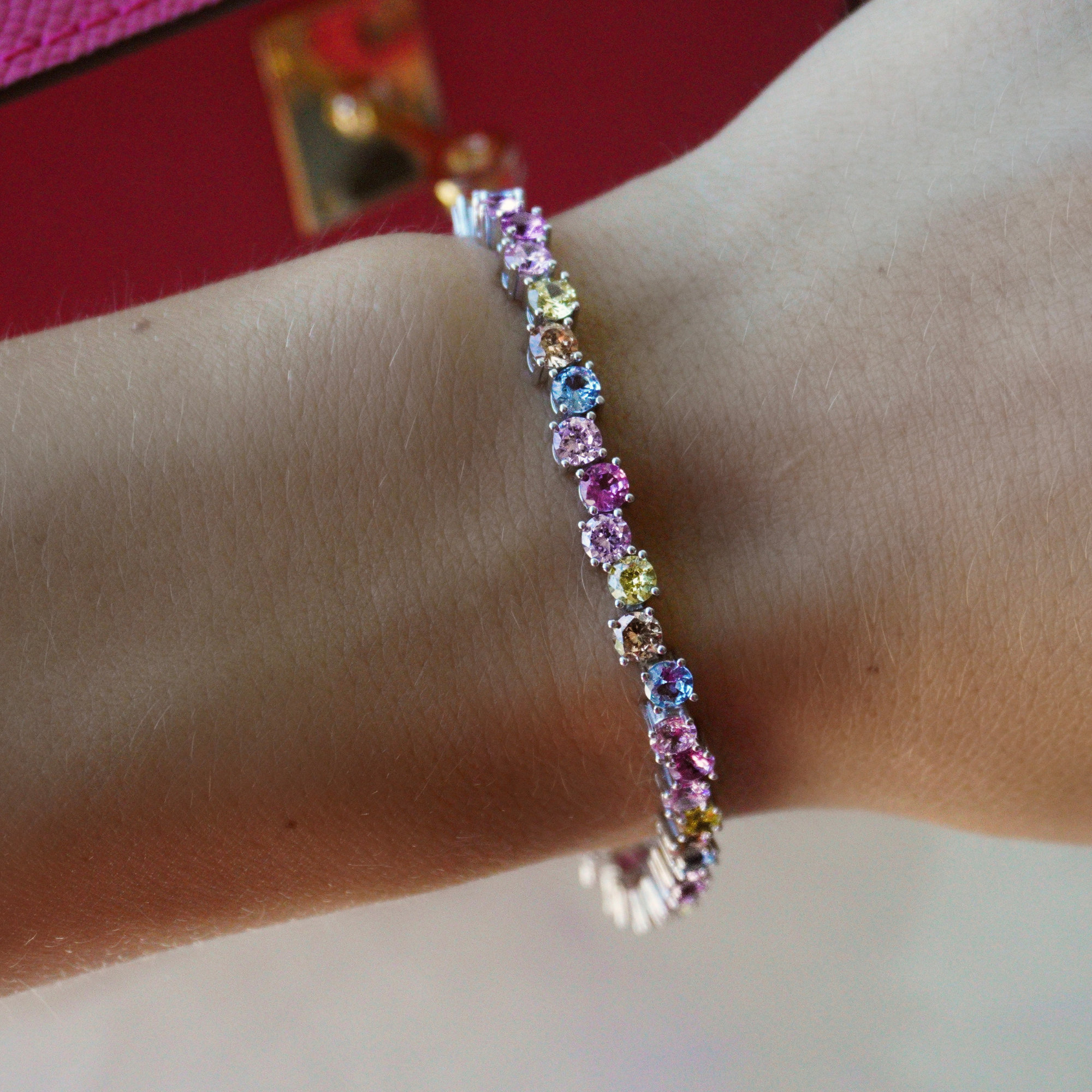 Round Cut Rainbow Sapphire Tennis Bracelet