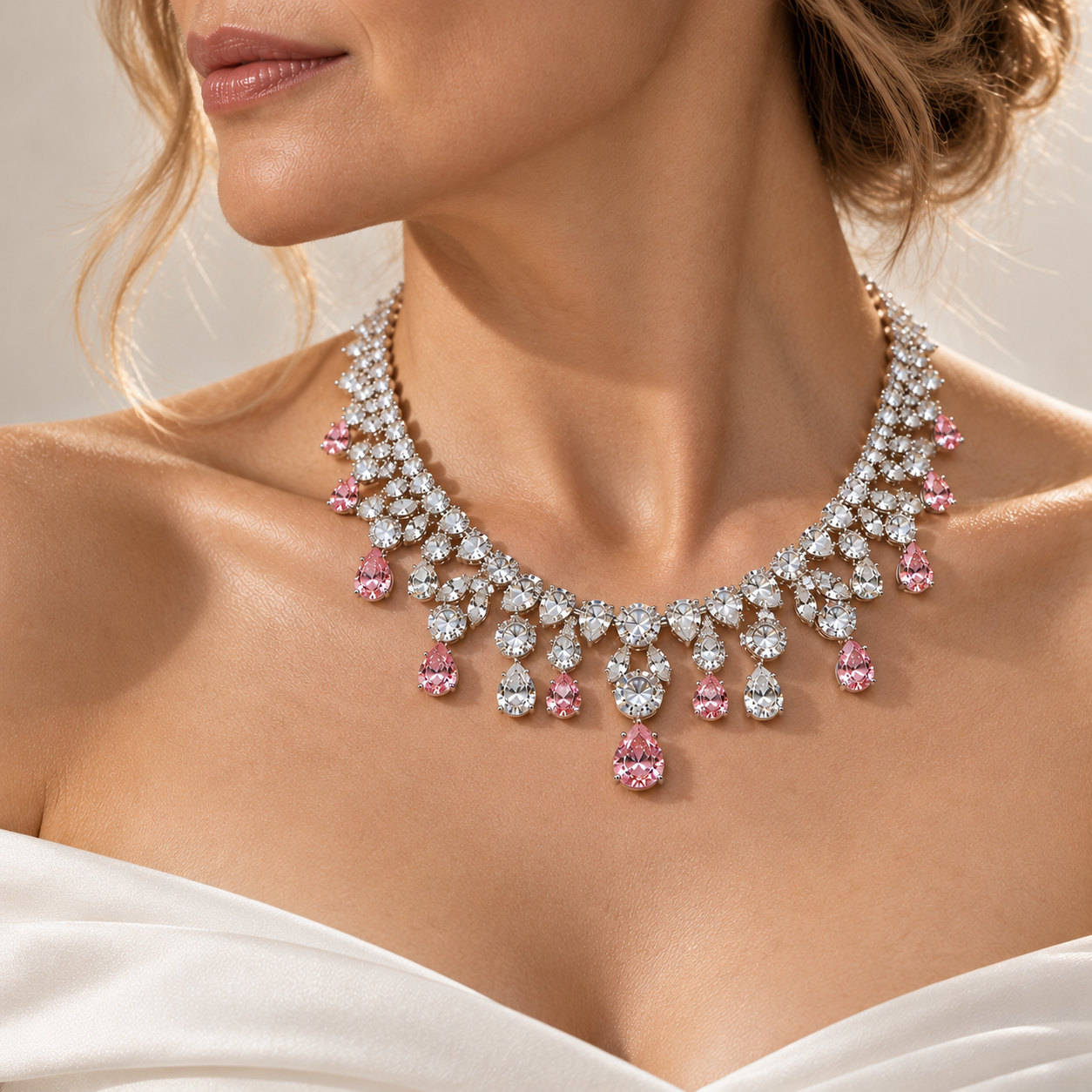 Occasion Pink Pear Cut Floral Cluster Statement Necklace