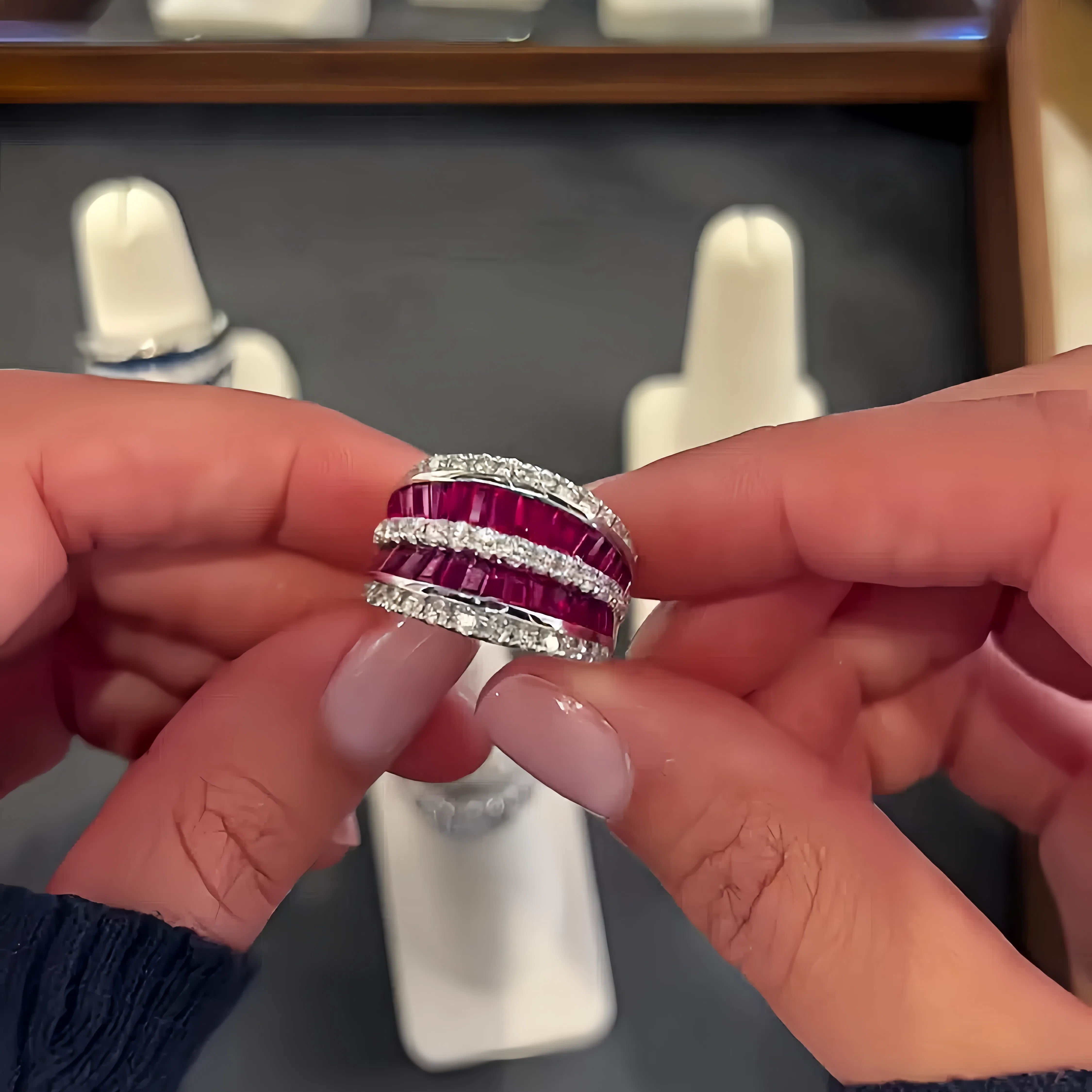 4ct Emerald&Round Cut Five Row Diamond Wedding Band