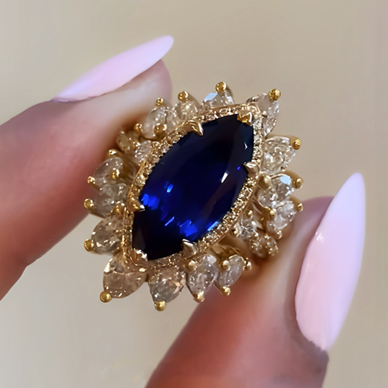 Halo 6ct Marquise Cut Blue Sapphire Wedding Set/3pcs