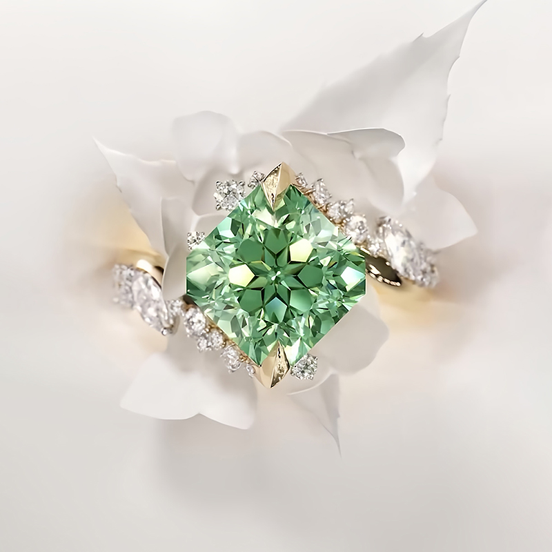 3ct Cushion Cut Mint Green Sapphire & White Sapphire Asymmetrical Cluster Ring