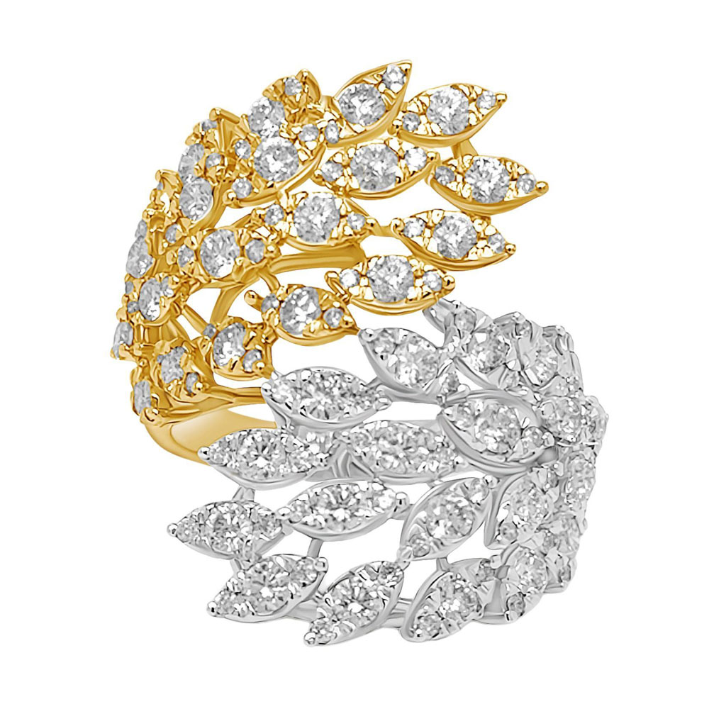 Two Tone Leafs 0.8ct Round Cut White Sapphire Cocktail Ring